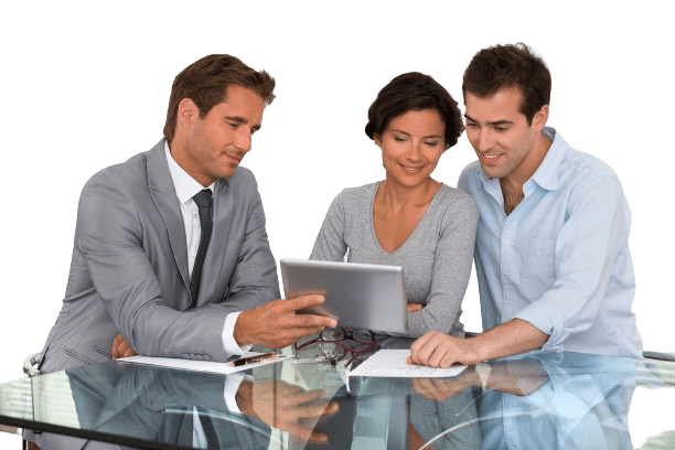 Lawyer reviewing documents with two clients