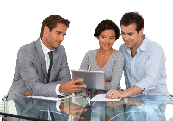 Lawyer reviewing documents with two clients